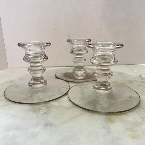 Set Of 3 Vtg Clear Pressed Glass Taper Candle Holder Mid-Century Ribbed Design - Picture 5 of 13